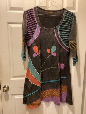 Boho Patchwork Black Multicolor Women’s Tunic Dress